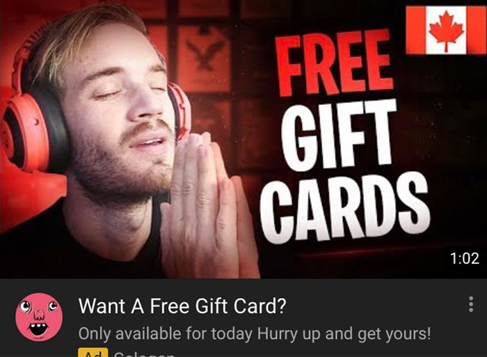 Man with headphones, eyes closed, in an ad for free gift cards, promoting a possible shameless scam.