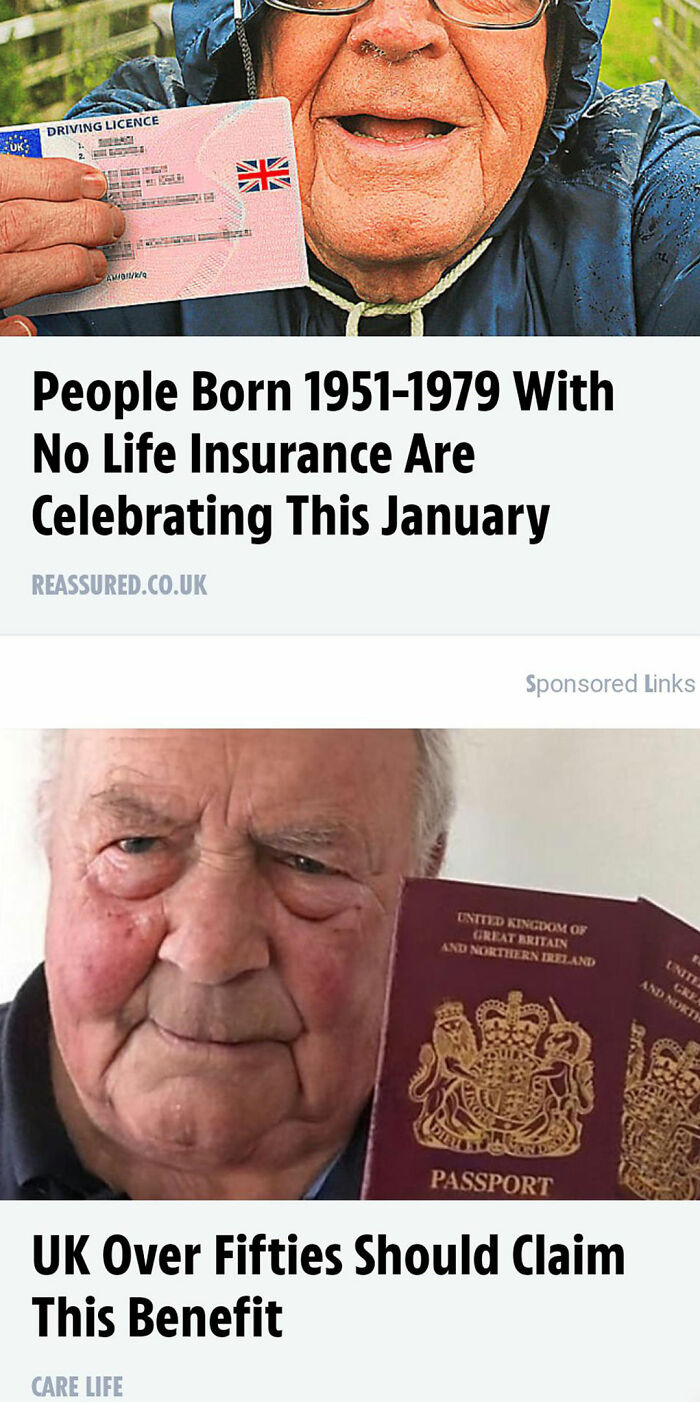 Elderly man with UK driving license and passport as part of a scam advertisement.