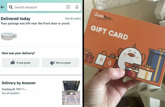 Amazon delivery notification and a person holding a Sumbuy gift card.