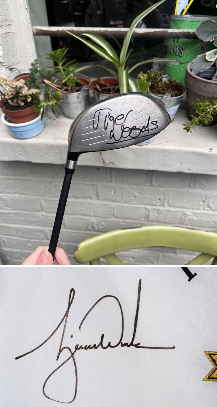 Golf club with fake signature scam, showing mismatched autographs as a possible shameless trick.