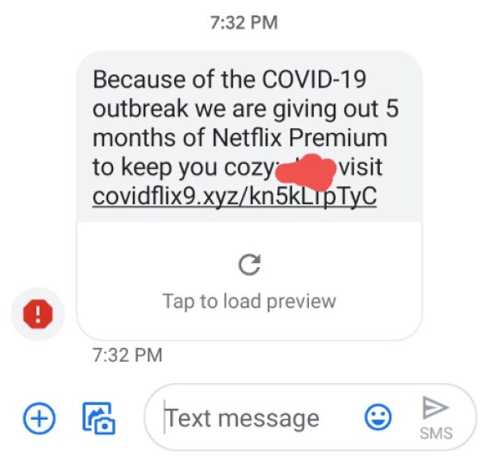 Text message scam offering free Netflix due to COVID-19 outbreak, with suspicious link.