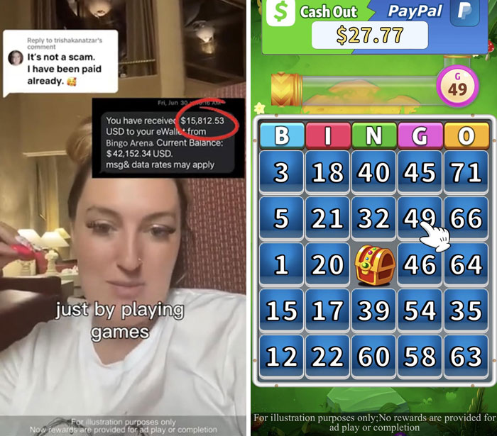 Woman claiming game earnings and bingo scam screenshot.