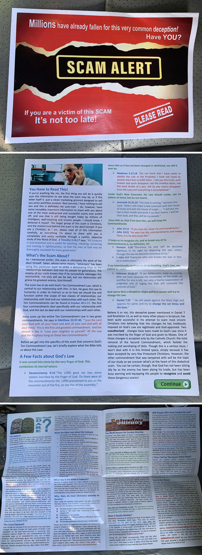 "Colorful flyer warning about common scams and deceptive practices, urging readers to take action."