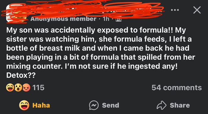 Mom group's confusing post about accidental formula exposure, emojis show reactions; 54 comments, 115 reactions.