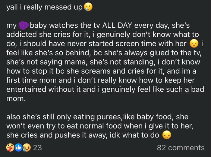 Confused mom group post about screen time and feeding challenges with a baby.