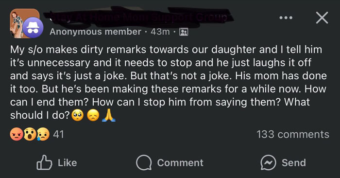 Anonymous post in a mom group expressing concern over inappropriate remarks, seeking advice on how to stop them.