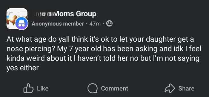 Mom group post discussing daughter's nose piercing, raises confusion about appropriate age.