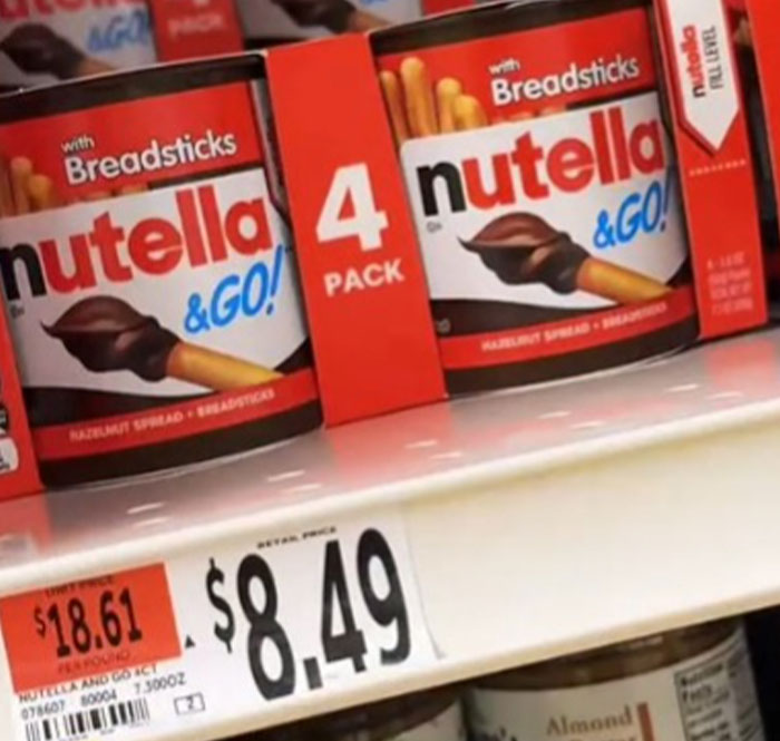 Nutella & Go 4-pack priced at $8.49 in a US grocery store, highlighting the outrageous prices in America.