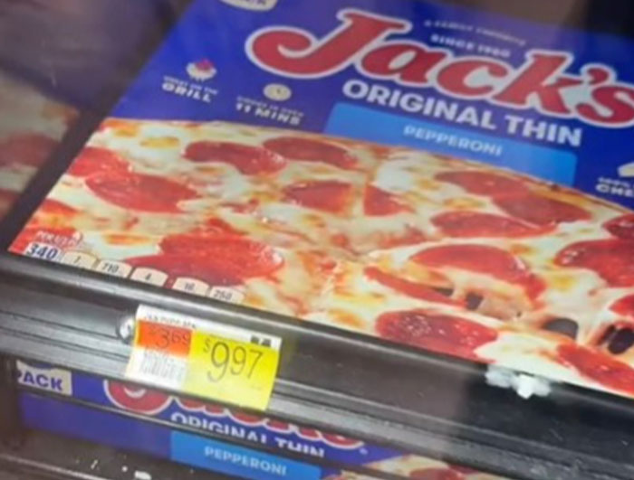 High grocery prices in America shown by a $9.97 price tag on Jack's Original Thin pepperoni pizza.