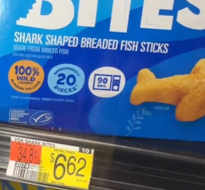 Grocery price of shark-shaped fish sticks at $6.62, showcasing rising food costs in America.