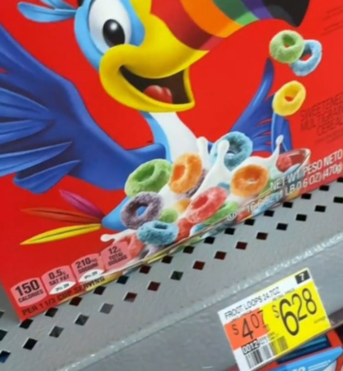 Cereal box showing $6.28 price, highlighting high grocery prices in the US.