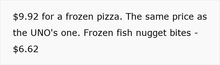 Grocery prices in the US: frozen pizza $9.92, fish nugget bites $6.62.