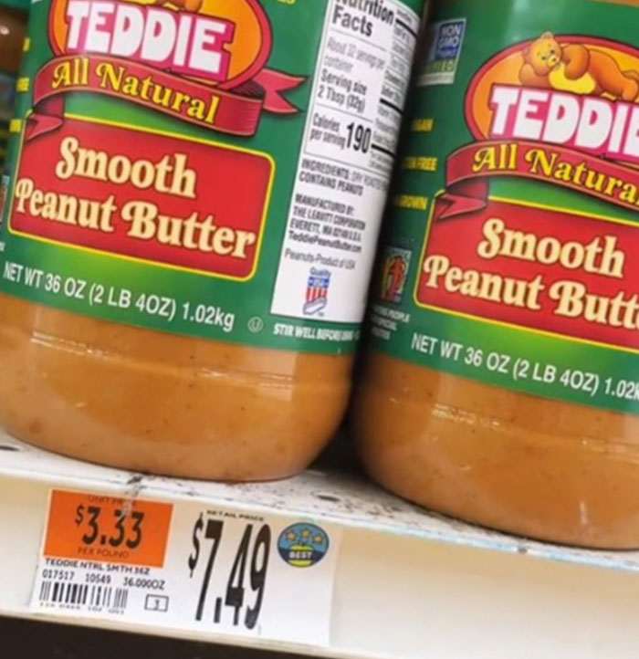 Jars of Teddie peanut butter with a price tag showing $7.49, highlighting grocery prices in America.
