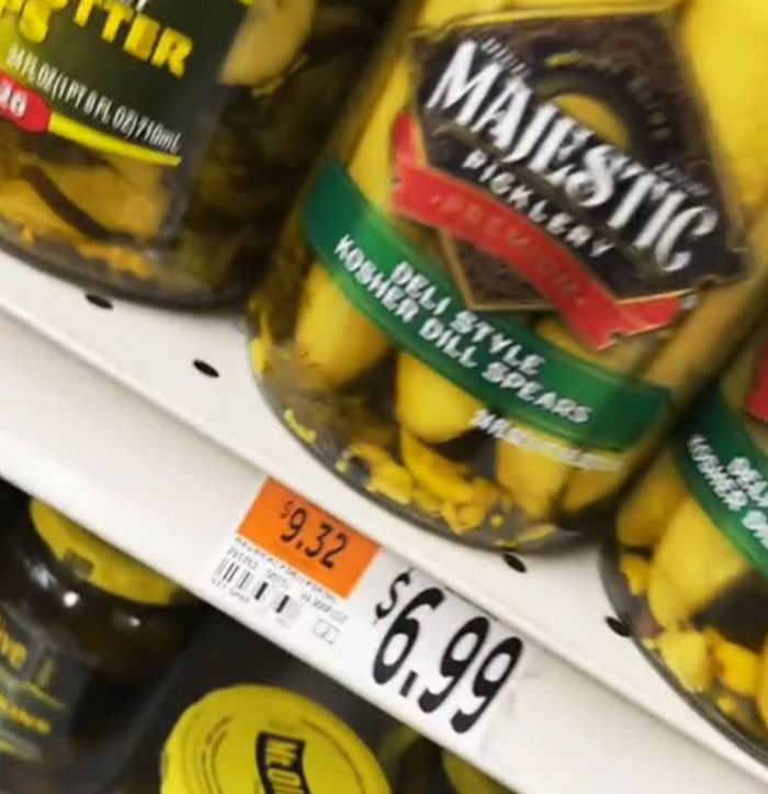 Grocery prices in the US: jar of pickles priced at $9.32, prompting debate on whether America is great yet.