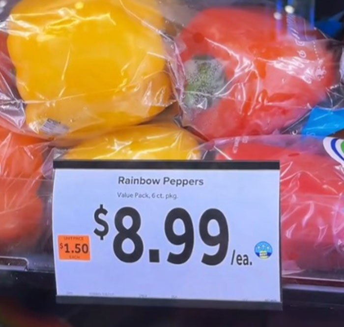 US grocery prices: Rainbow peppers priced at $8.99 for a 6-pack.