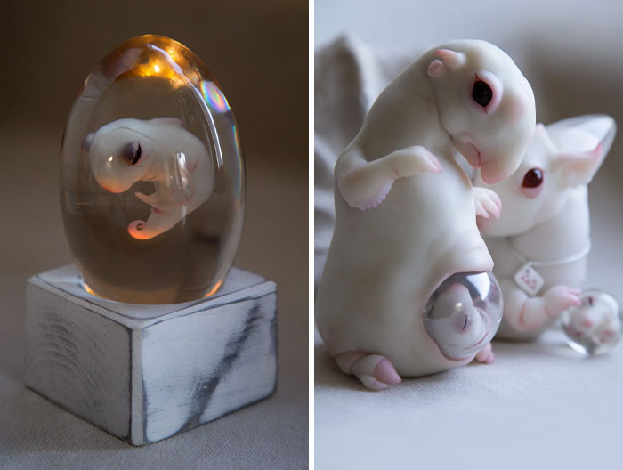 Creepy handmade crafts featuring surreal animal sculptures enclosed in clear resin and clay.