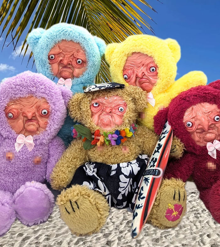 Creepy handmade crafts featuring unique teddy bears in colorful outfits on a beach setting.