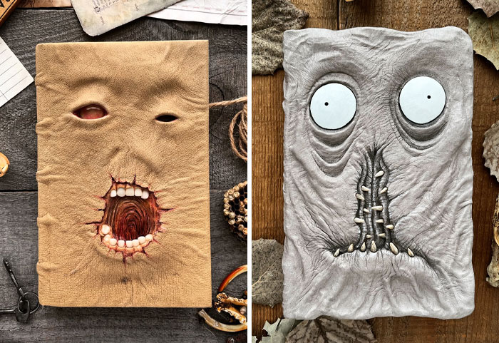 Creepy handmade crafts featuring eerie face designs on book covers placed on a rustic surface.