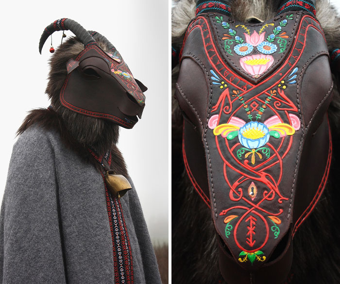 Handmade goat mask with intricate designs on dark fabric, showcasing interesting creepy craftsmanship.