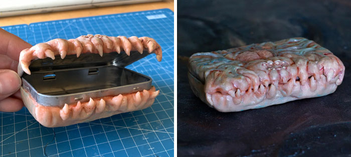 Creepy handmade crafts featuring a metal tin transformed with realistic teeth and gums for a unique design.