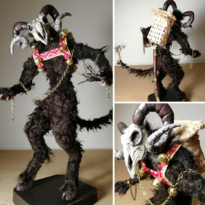 Creepy handmade craft of a horned creature with chains and a basket.