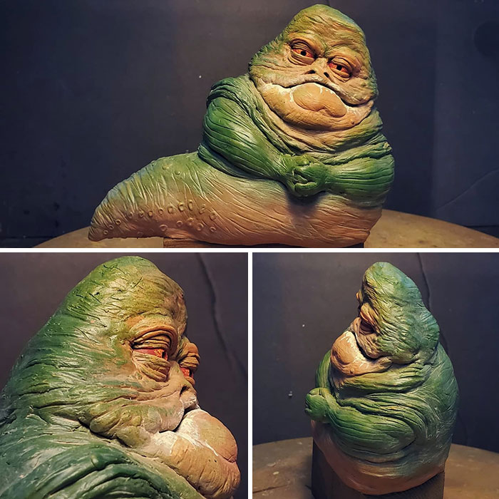 Creepy handmade craft sculpture with a green and orange textured design, viewed from different angles.