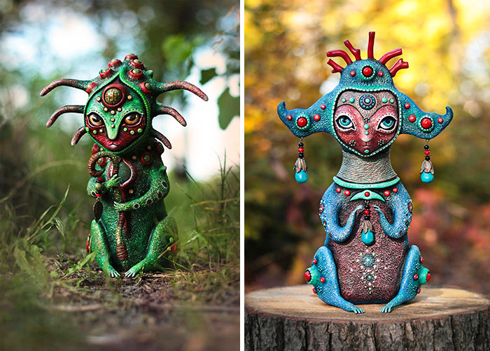 Two colorful, creepy handmade crafts resembling whimsical creatures in an outdoor setting.