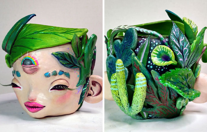 Creepy handmade crafts with a whimsical plant-themed face and leafy designs in vibrant colors.