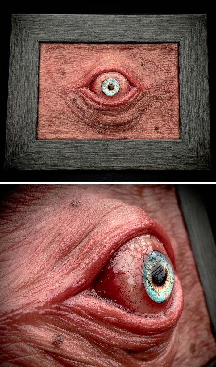 Creepy handmade craft depicting a realistic eye framed in wood, showcasing detailed textures.