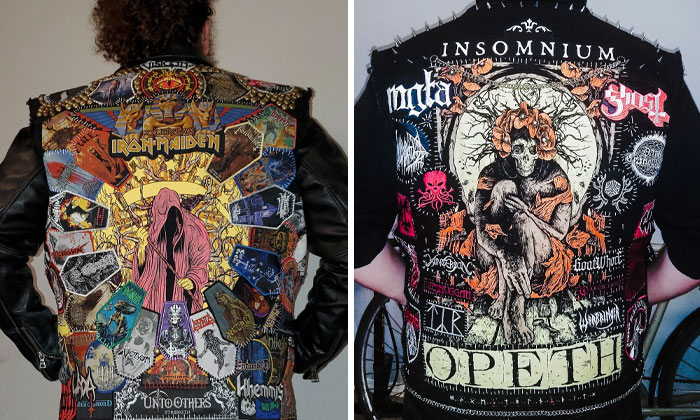 People wearing jackets with intricate, creepy handmade crafts featuring band patches and artistic designs.