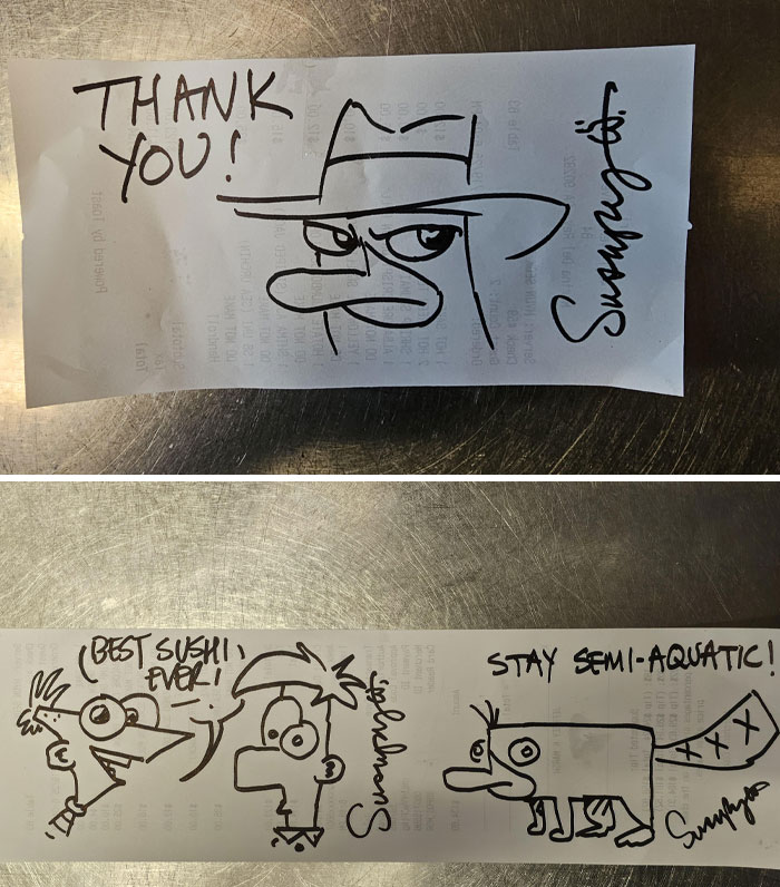 Amusing sketches on interesting receipts featuring cartoon characters and thank you notes.