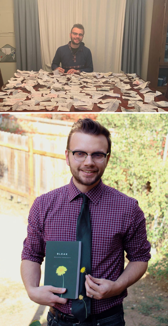 Man with interesting receipts spread on a table, wearing glasses and a dark shirt, smiles at the camera.
