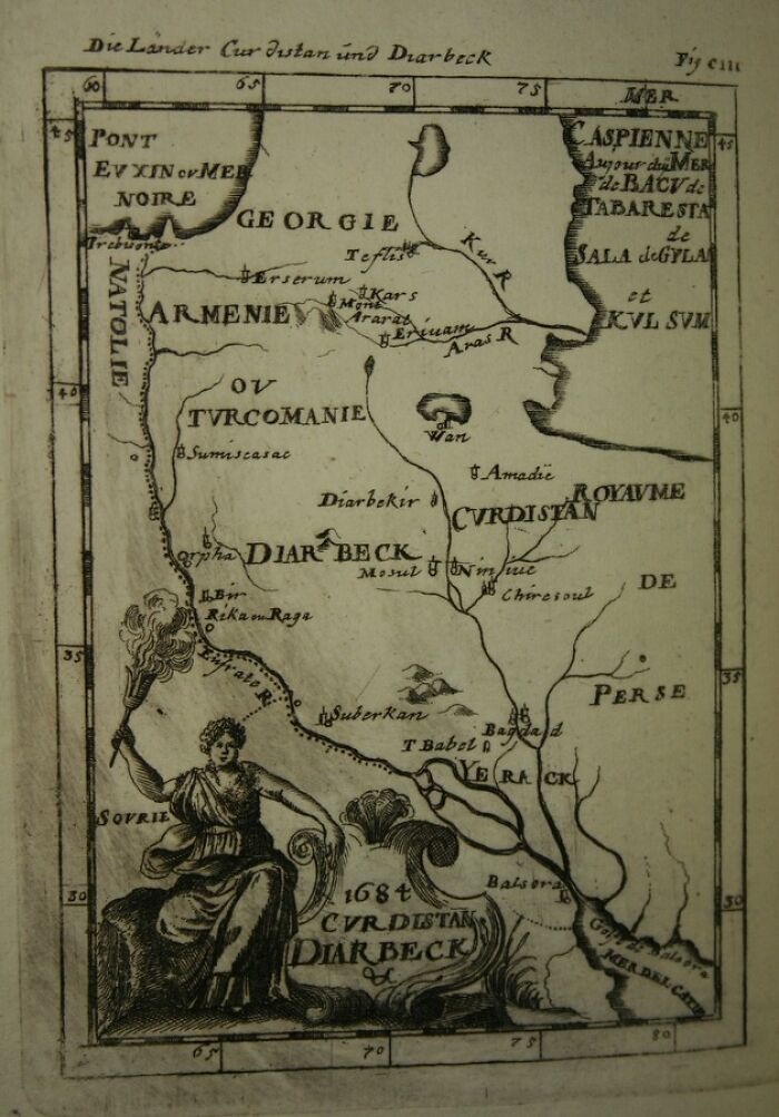 Antique map of 17th-century Kurdistan and Diarbek depicting exploration and navigation routes.