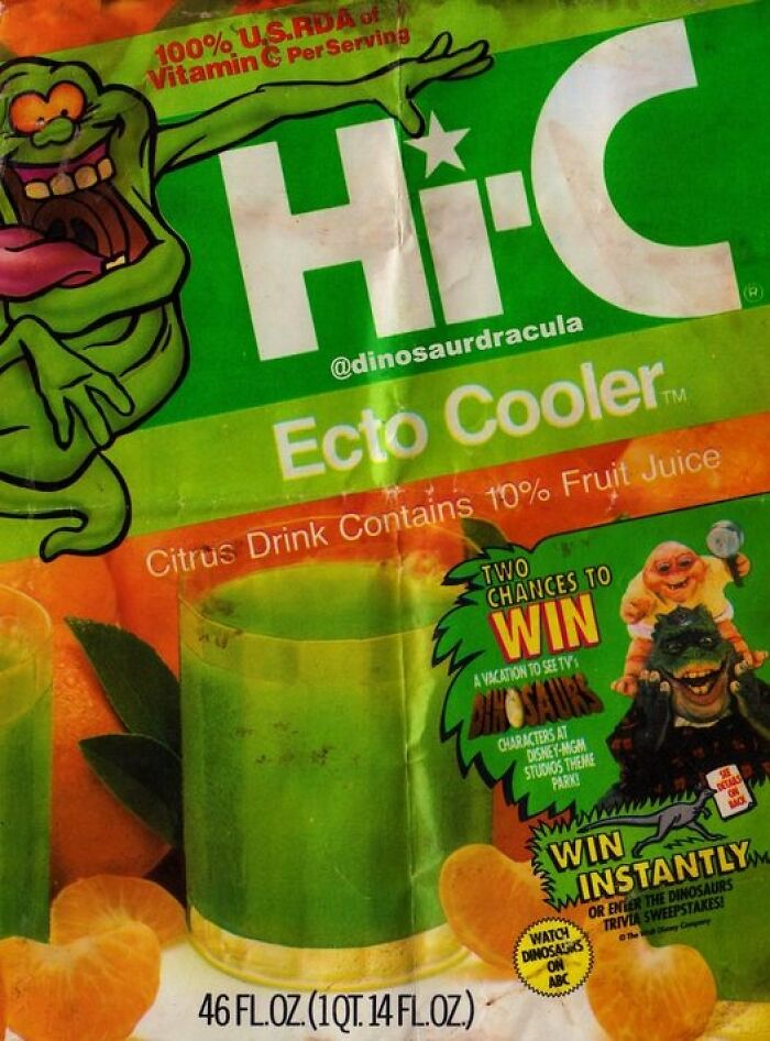 Hi-C Ecto Cooler packaging with citrus drink, featuring the nostalgic character, and a contest promotion.