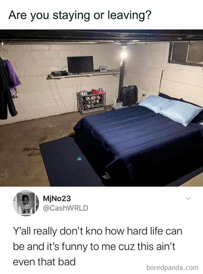 Wholesome post showing a simple bedroom setup with tweet about life challenges and humor.
