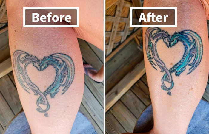 "Tattoo restoration on leg before and after, showcasing vibrant colors as a problem solver for faded ink."
