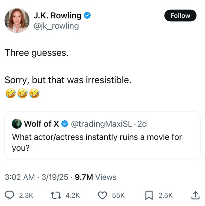 J.K. Rowling tweet reacts to question on actors "ruining movies," with playful response, causing online buzz.