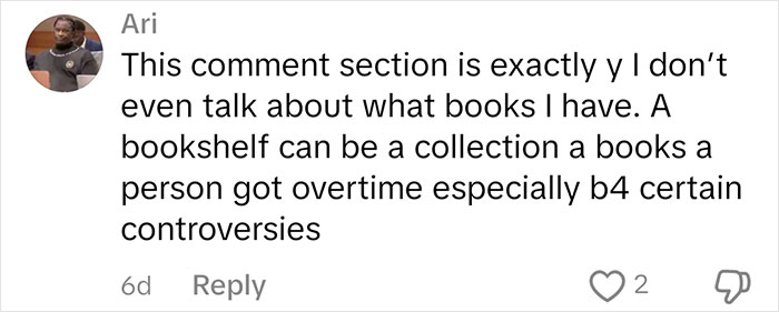 Comment on judging people by their books, mentions bookshelf as a personal collection reflecting past choices.