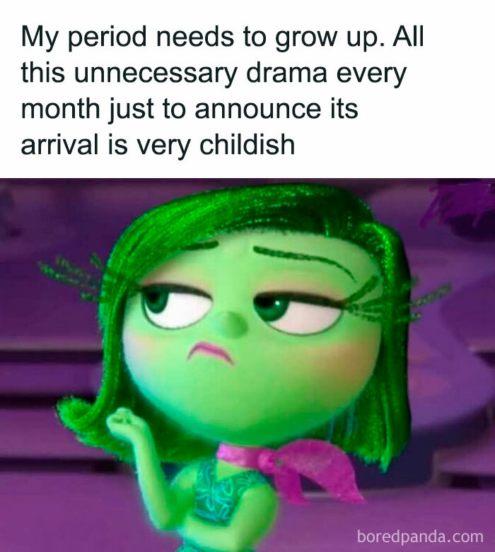 Animated character with green hair and skeptical expression, illustrating a relatable meme on women's period drama.