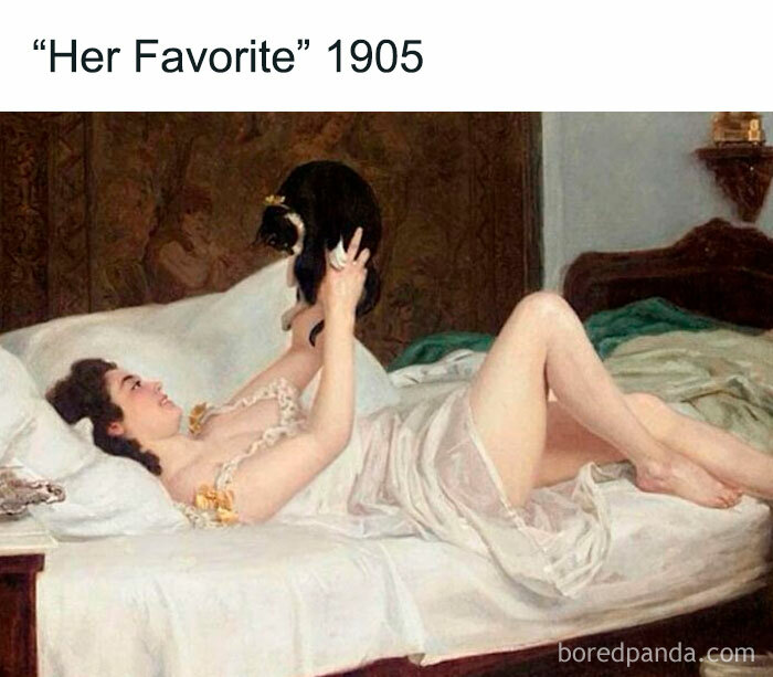 Vintage painting of a woman in bed playing with a cat, illustrating "girly things" and timeless relaxation.