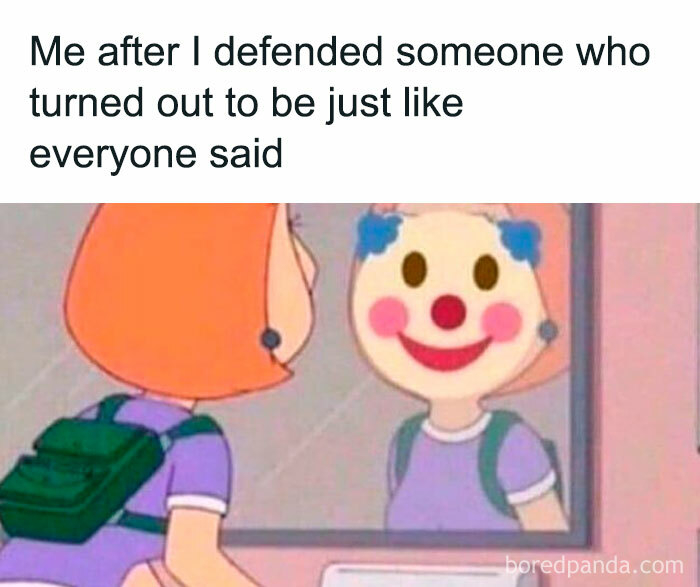 Cartoon character looks in mirror and sees clown face, highlighting a relatable moment from "Just Girly Things" memes.