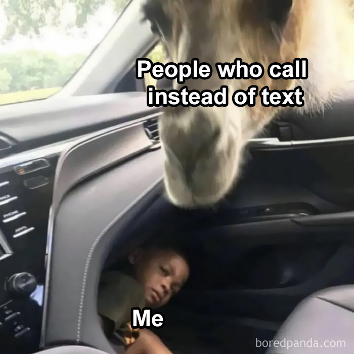 A meme showing a kid hiding in a car from a person who calls instead of texting, capturing relatable humor for women.