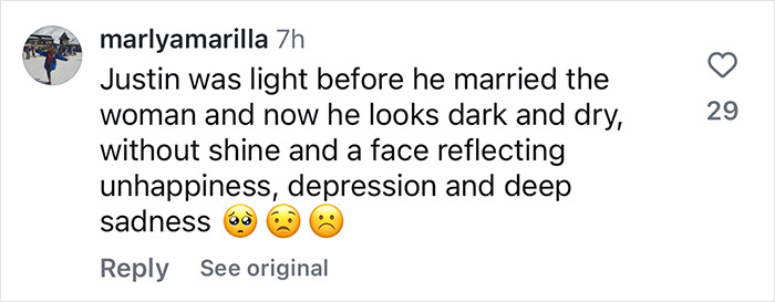 Instagram comment mentioning Justin Bieber's appearance, expressing concern about his unhappiness and sadness.