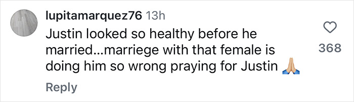 Instagram comment discussing Justin Bieber's health and marriage.