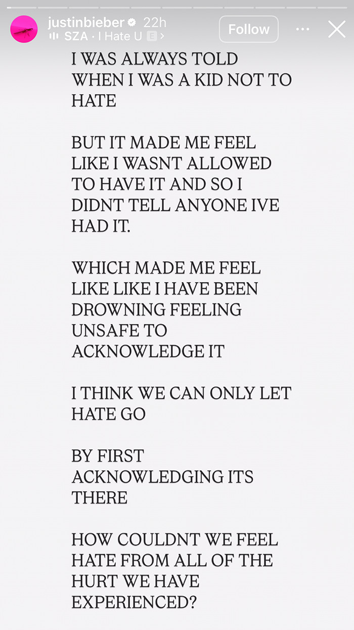 Justin Bieber shares emotional post about feeling unsafe on Instagram Stories.