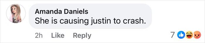 Comment about Justin Bieber by Amanda Daniels, stating "She is causing Justin to crash," with reactions shown.