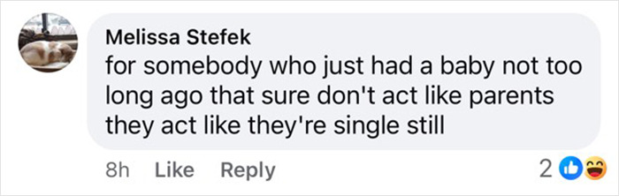 Comment criticizing Justin Bieber and Hailey for not acting like parents after having a baby.