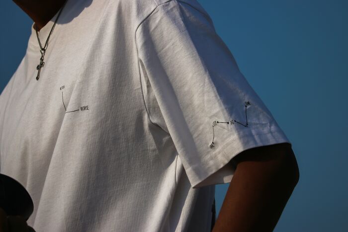 Person wearing an unprofessional t-shirt with constellation design in a work setting.