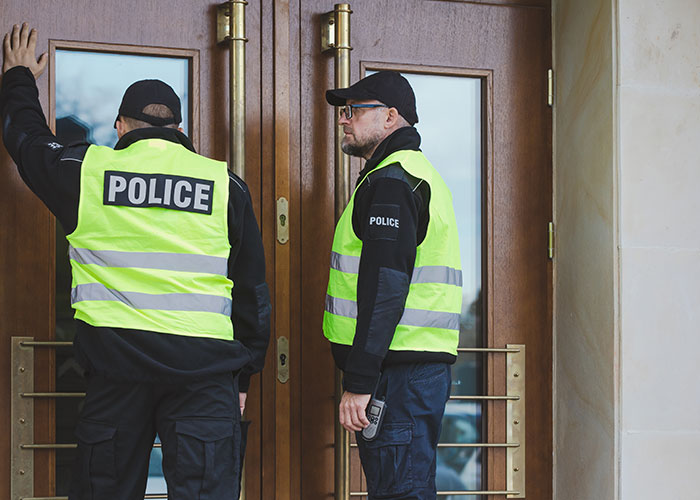 Police officers in high-visibility vests stand at wooden doors, responding to a neighborhood complaint.