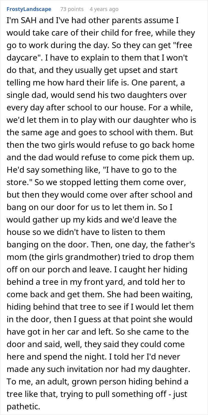 Disabled neighbor recounts being pressured for free childcare by parent seeking nail appointment.